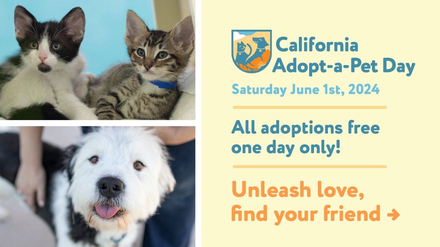 California Adopt-A-Pet Day Free Adoptions June 1