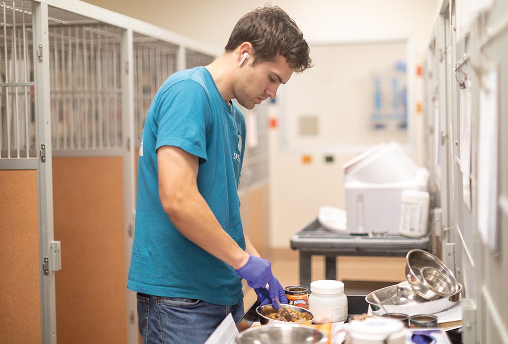 SF SPCA staff member prepares food for animals